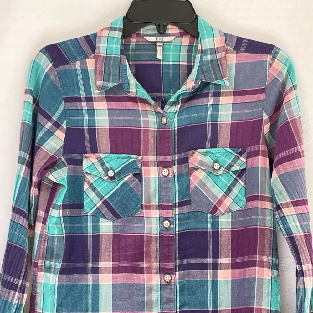Buckle BKE Womens Small Fitted Button Up Eased Long‎ Sleeve Plaid Shirt Cotton